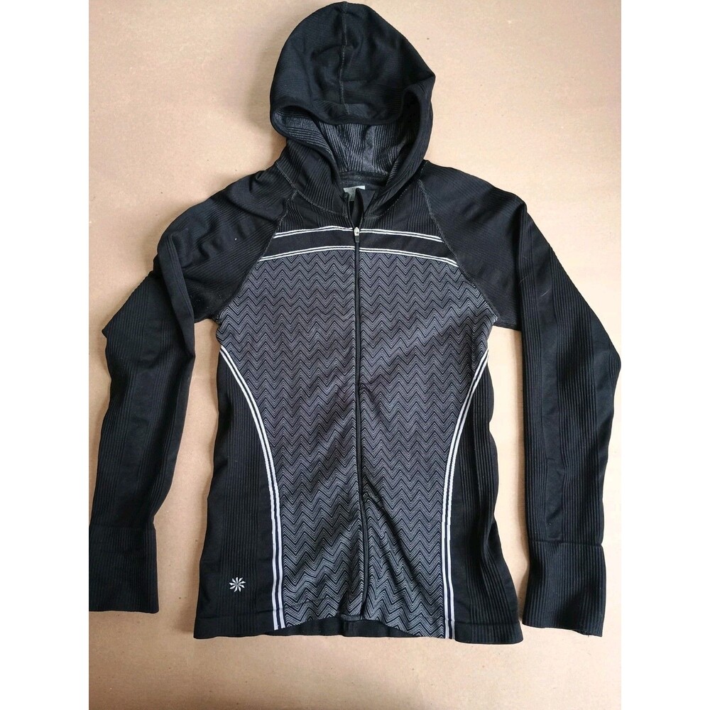 Athleta Light Weight Seamless Full Zip Hoodie Black Womens Medium Thumb Holes